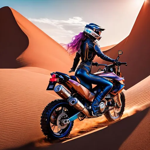 Prompt: {{{masterpiece}}}, 4K, fantasy art, Victorian oil painting, Billie Eilish in a skimpy Bikini with rose gold pinkish hair, cybernetic arms, detailed blue, black, gold, copper, jade tinted.  riding a big trail motorcycle. blazing through the dunes of Mars.