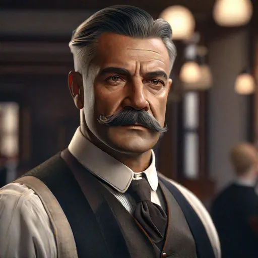 Prompt: An ultra realistic portrait of a 30ish tough looking butler in the 1920s, long shot super detailed lifelike illustration, action-adventure outfit, 

soft focus, clean art, professional, old style photo, CGI winning award, UHD, HDR, 8K, RPG, UHD render, HDR render, 3D render cinema 4D