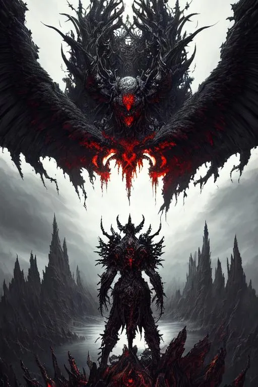 Prompt: Dark art, giant monster, artstation, hyperdetailed intricately detailed , unreal engine, other wordly, intricate detail, splash screen, dark colors, fantasy concept art, 8k, deviantart masterpiece, oil painting, heavy strokes, wings, doom eternal, tourmented souls, standing, looking at horizon, suffering, humanoid