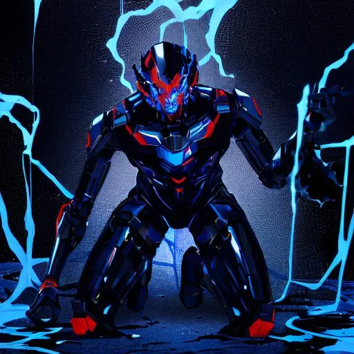 Prompt: Humanoid broken robot rising out of black goo, screaming, messy, blue, male, red, distorted face, kneeling, creepy