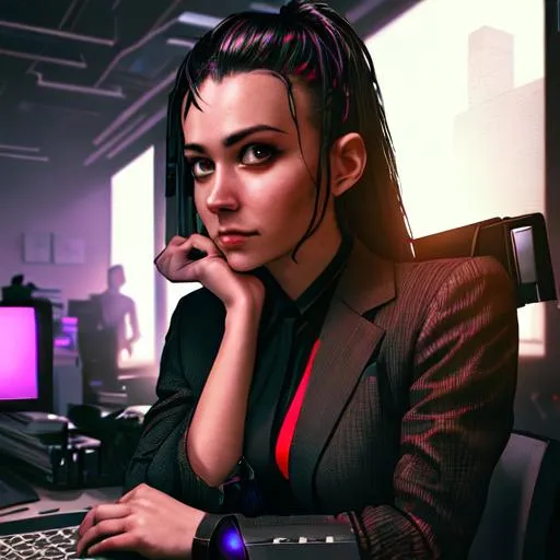 Prompt: portrait of cyberpunk office worker, behind desk, portrait head shot, beautiful face, cinematic lighting, indoor