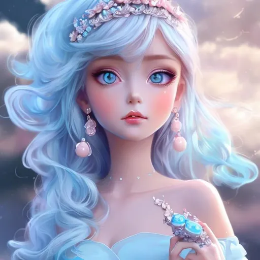 Prompt: Beautiful lady wearing sky blue dress, anime
, fined features, 8K, fair and glossy skin, big eyes, light makeup, fashion jewelry, baby pink nailpolish, baby pink lips