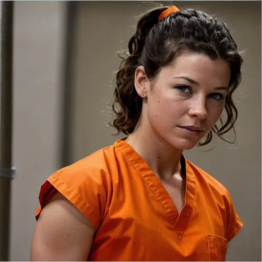 Prompt: young evangeline lilly in prison wearing orange scrubs prison uniform