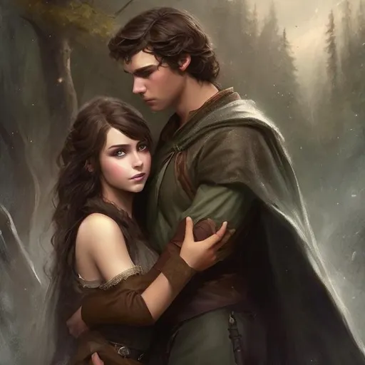Prompt: a beautiful fantasy young teenaged maiden dressed like a modest, rugged ranger, black cape. brunette hair, grey eyes. Epic romantic painting