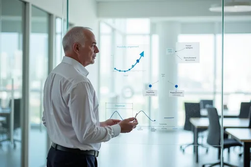 Torsten Schrimper arbeitet an Umsatzplanung und Diagrammen an einem Whiteboard in einem modernen Büro