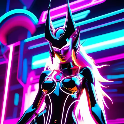 Prompt: a beautiful female demon in a dynamic pose in a retro futuristic synthwave cyberpunk neon paradise.  neon lighting, high quality, beautiful, synthwave, cyber, retro, futuristic