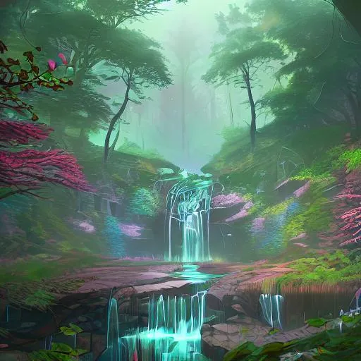 Prompt: Trees are dancing in a sunny forest glade, a waterfall fills a pool in the middle of the forest and creates a rainbow, surreal detailed digital art