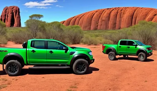 Prompt: ford ranger raptor in green., offroading in uluru with campers in background