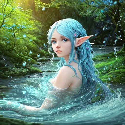 Prompt: UHD, environment, bloom, leaves, in a river, Highly detailed, HD colour, Young, iridesence, elf ears, blue flowing hair transitioning into water, HD colour
