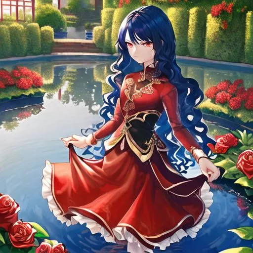 Prompt: An Asian beauty, at least 18 years old, dignified and serene, very detailed image, the best quality, holding a red rose in the hand, sideways, eyes looking down, wearing a blue gauze skirt, his hair is wavy and curly, the background is a garden, standing on the edge of the water, the reflection in the water, the reflection is clear, the rose in the hand turned blue