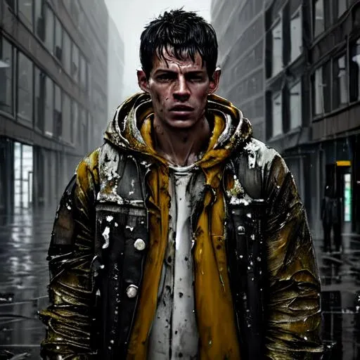 Prompt: photorealism, hyperrealism, cinematic-still, A striking street-style portrait of a rugged post-apocalyptic survivor braving the elements. Dressed in a plastic raincoat with a worn texture, they stand against a backdrop of a desolate urban environment. The rain pours down, creating a cinematic atmosphere as droplets splash against the coat's surface. Intricate details like patched repairs and buckled straps accentuate the character's resilience and resourcefulness. The scene is captured in a high-contrast black and white photography style, emphasizing the interplay of light and shadow
