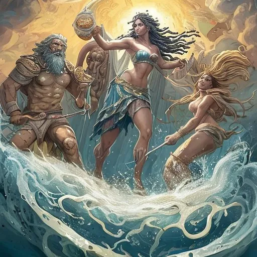 Prompt: 
Uma cena épica: Odisseu heroico, Penélope decidida, Telêmaco jovem e Atena protetora, cercados por magia com Circe e Calipso. Poseidon controla o mar agitado, enquanto desafios mitológicos ecoam ao fundo.