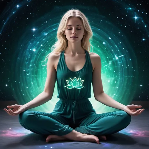 Prompt: an image of a 25-year-old blonde, dressed in translucent flowing clothes, meditating in the lotus position in an endless space. space and stars 
in the background. When she floats, she gives off an aura. The neon hues of her aura color the air.
desaturated translucent DARK green and blue details, vibrant colors (high resolution)