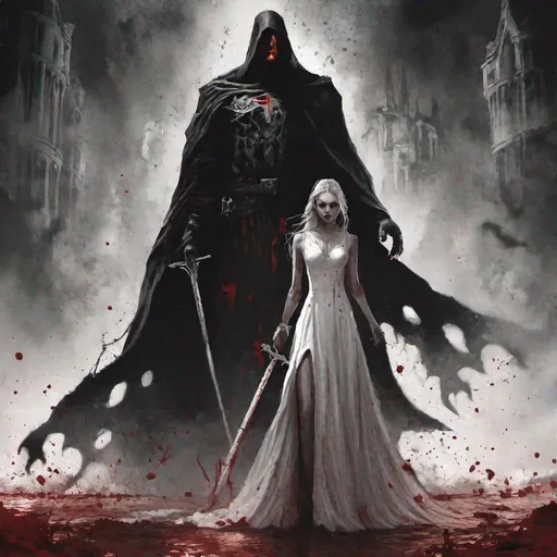 Prompt: crusader with sinister aura standing with his wife in a blood drenched and dark world.