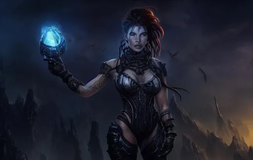 Prompt: Portrait of Sarah Kerrigan with black hair and with beautiful face, city ruins, perfect composition, hyperrealistic, super detailed, 8k, high quality, trending art, trending on artstation, sharp focus, studio photo, intricate details, highly detailed
