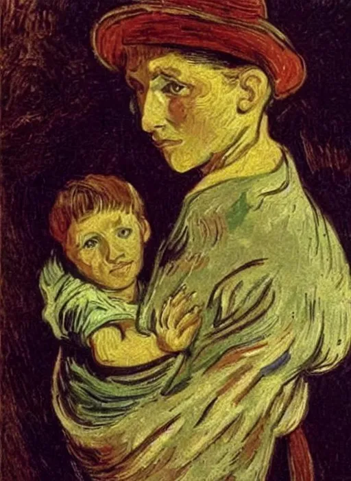 Prompt: Oil painting by Vincent VanGogh of mother and child