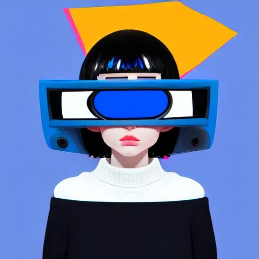 Prompt: Person with a television head, blue sweater and black skirt