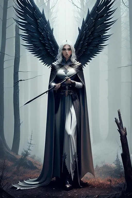 Prompt: majestic angel, fantasy horror, pale face,,  fantasy, intricate,  tall, highly detailed, cape, 6 wings, cloak, ribbons,   show full body, artstation, octane render, concept art, matte, sharp focus, illustration,  post apocalyptic forest wasteland, fog, holding spear, dynamic posture,