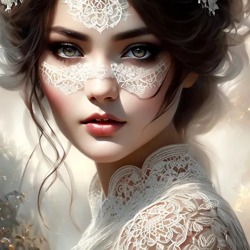 Prompt: Beautiful woman, goddess face, extremely detailed face, with symmetrical detailed beautiful eyes, with a long white lacy dress, with harness, noble, delicate, hd, 120k, wlop, johan grenier, digital painting