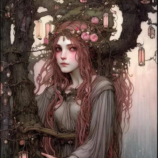 Prompt: Druid witch Girl with pretty detailed face rose gold pinkish hair perched high in a tree branch with lanterns by John bauer high contrast John William Waterhouse high bloom