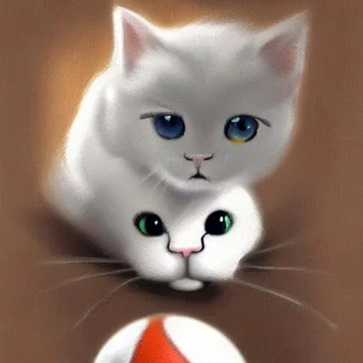 Cute Realistish White Cat With A Basketball Anime St 