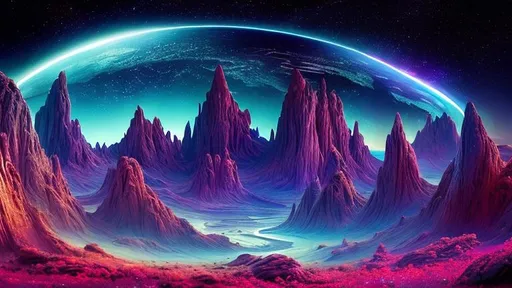 Prompt: Prepare to be swept away by an awe-inspiring cosmic vista that transcends imagination. Behold the breathtaking scene from an alien planet's surface, where a panoramic view unveils a mesmerizing sight—the ethereal expanse of space with another planet in the distance. The alien landscape, with its vibrant hues and exotic flora, provides a stunning foreground. The distant planet, adorned in majestic swirls of colors and captivating atmospheric phenomena, captivates the viewer's gaze. Its massive presence dominates the celestial canvas, evoking a sense of wonder and grandeur. A symphony of celestial bodies and distant galaxies adorn the backdrop, adding to the breathtaking spectacle. The scene exudes a palpable sense of cosmic majesty, inviting the viewer to embark on a journey of interstellar exploration.
