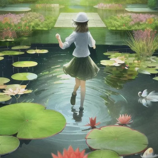 Prompt: Girl walking on water, pond surrounded by koi and lily pads