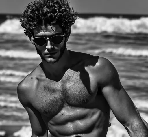 Prompt: Handsome man, not beautiful, with curly hair and metal-frame glasses, shirtless, naturally skinny, on a beach, greek male faces looking down from the sky