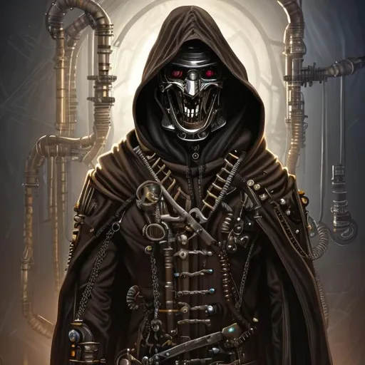 Prompt: a grinning male steampunk humanoid construct wearing a hooded cloak, hood up, full body portrait