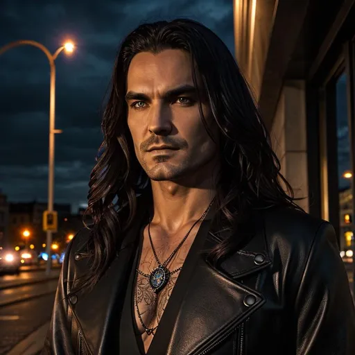 Prompt: Contemporary wizard inspired by "Dresden Files", detailed symmetrical face, detailed comic book art style, city at night style background, well lit by street lights, vampire, real, alive, real skin textures,