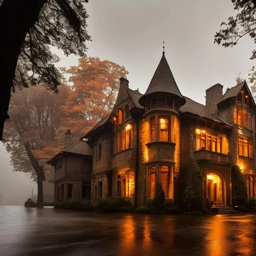 Prompt: An old wood and stone mansion illuminated by an orange hue on a rainy and foggy day.
