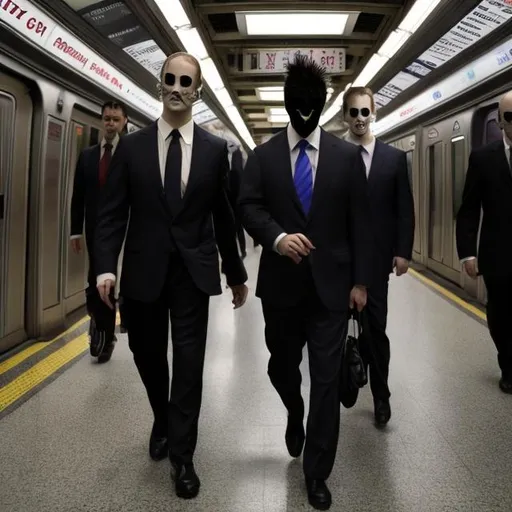 Prompt: Demons dressed as businessmen in silk suits and Bluetooth headsets. Walking in the Subways of Hell. 