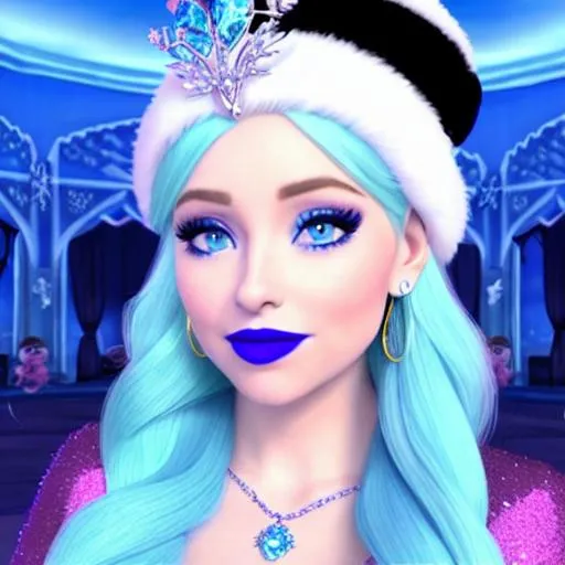 Prompt: Ice Queen Kayleigh McEnany, Elsa, eating blue ice cream in winter palace, blue lipstick, city skyline, windy and snowing, blue heart necklaces, Large frozen Ball Gown, pleasant face, blue eyes, Black-purple eyeshadow, Sugar Hat, extremely large ice earrings. Cold color scheme, ultradetailed, 8k resolution, perfect, smooth, high quality, shiny. 