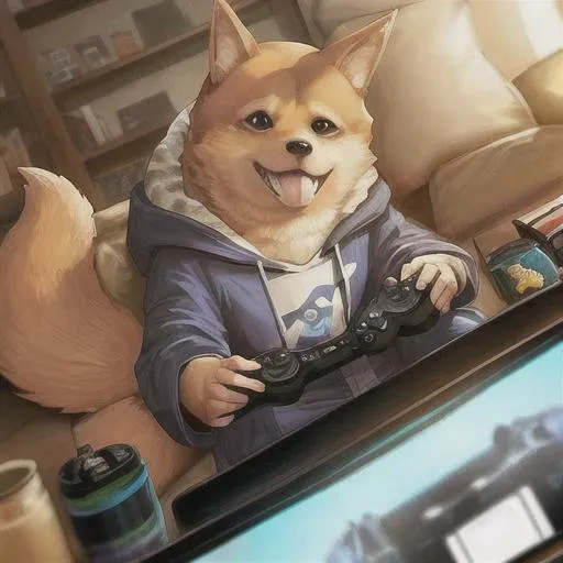 Prompt: doge playing video games