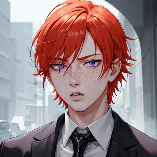 Prompt: Erikku male (short ginger hair, freckles, right eye blue left eye purple) UHD, 8K, Highly detailed, insane detail, best quality, high quality. As the godfather, mafia, crime lord, sadistic look on his face