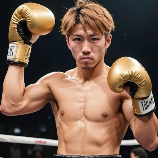 Prompt: Imagine a Japanese sportsmen resembling Naoya Inoue with golden and brownish hair, with an incredibly muscular physique. Hes wearing big boxing gloves. He's raising both of his strong arms to show off his armpits.