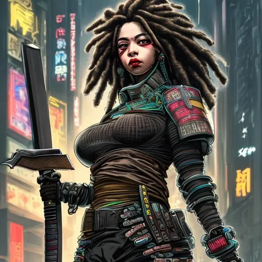 Prompt: large breasted cyberpunk female with dreadlocks and wielding a katana