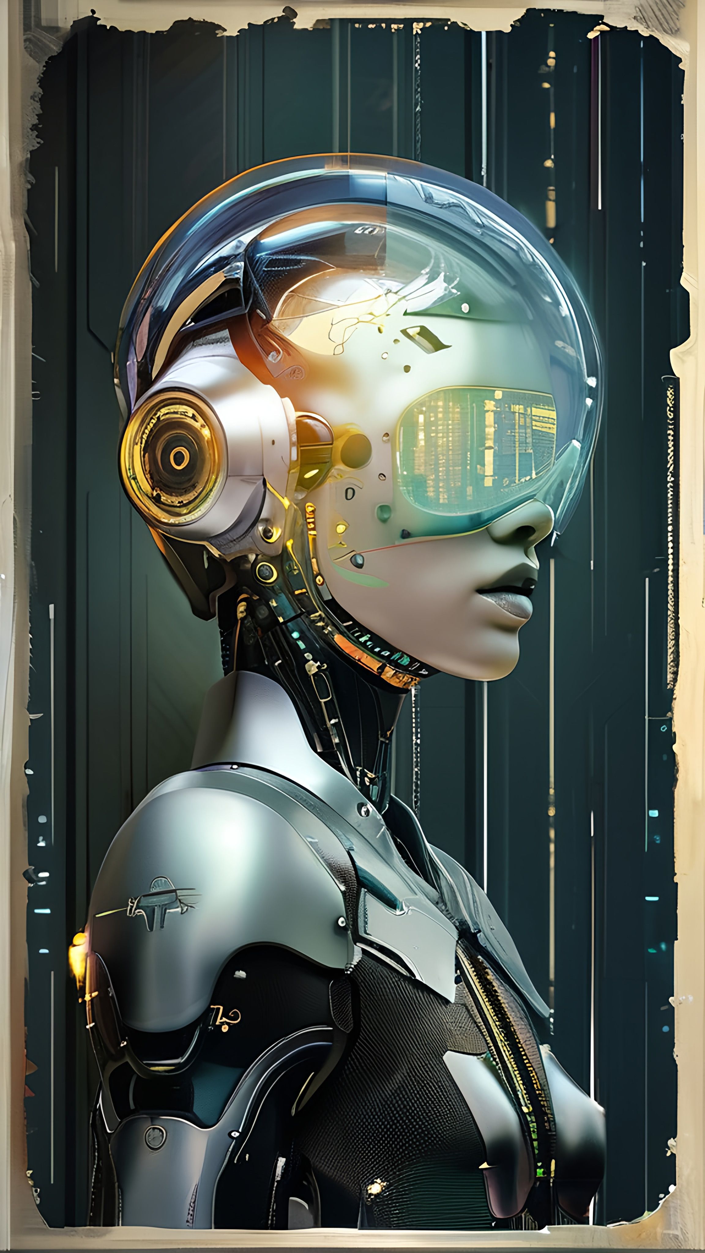 Prompt: a futuristic woman with a futuristic helmet on her head, in front of a dark background, cyberpunk art