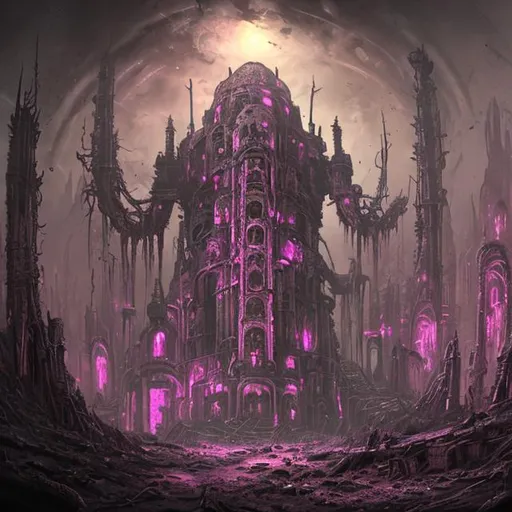 Prompt: extreme long shot concept art depicted old ruined subterrean flesh necromancy arcane reactor, dramatic mood, overcast mood, dark fantasy environment, arcane pink glow , dieselpunk, bodyhorror building, mutation flesh, corruption,  art inspired by warhammer and arcane, style art by HR giger, style art by Molly Brown