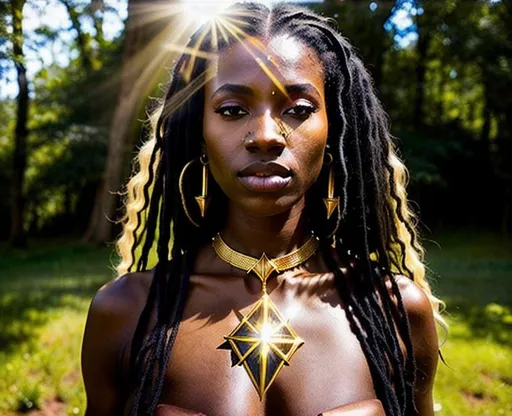 Prompt: (Hyperrealistic highly detailed wide shot of an ebonian sun priest woman summoning an exorcism on land)
Epic, magic, visual effect. Beautiful, determined, golden necklace, white translucent silk, holy light. Sun. Shadows. Scenery. Inspiring.