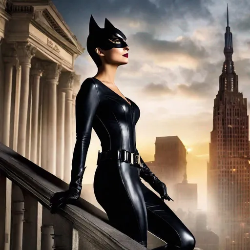 Prompt: Morena Baccarin as Catwoman in Gotham City, super short pixie cut, full body image