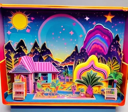 Prompt: Lisa frank style 1970s diorama