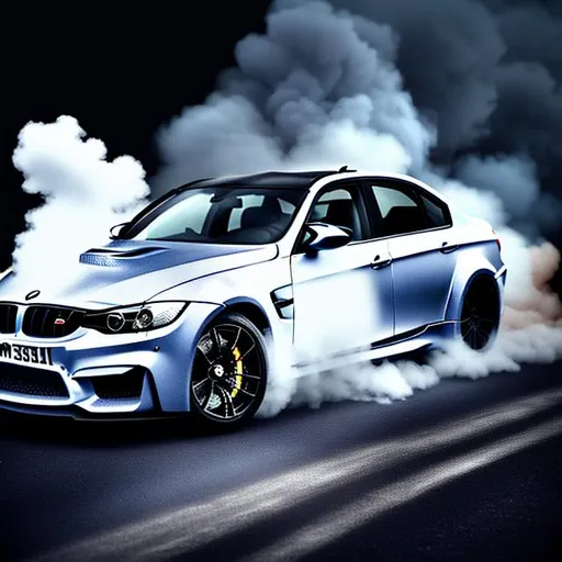 Prompt: BMW M3 2023 re-imagined, dark room, smoke around car, black car, front view