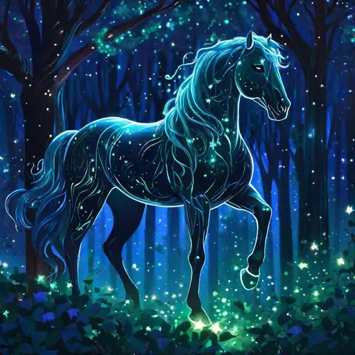 Prompt: An elegant fantasy translucent Sleipnir that is glowing, with 8 legs, in a forest surrounded by ivy, beneath the stars, bioluminescent, highres, best quality, concept art