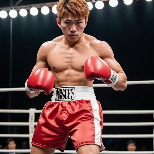 Prompt: "Imagine a Japanese boxer named Hiroto, resembling Naoya Inoue, with a very muscular physique and determined gaze. He is wearing a pair of thick, red and extra big boxing gloves in a boxing ring. His choice of attire includes red satin trunks, adding a touch of elegance to his powerful presence. He is confident and raised up his strong arms to flex his miscles, showcasing his readiness to dominate the ring with his skills and determination."