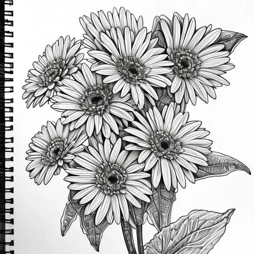 Prompt: Generate 1 illustrations of imaginary Gerbera DaisyS. Each Gerbera Daisy and leaves outlined in black ink on white paper, with delicate details like veins and petal contours. Complex but colorable orchid designs.