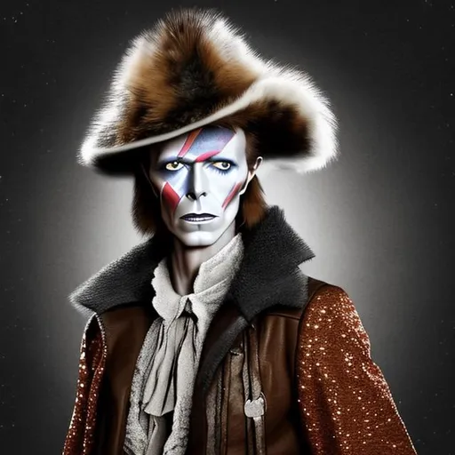 Prompt: A David Bowie mashup with Davy Crockett with a coon skin cap in the style of a frontier portrait. Gray Scale with disco highlights and a disco ball in the background