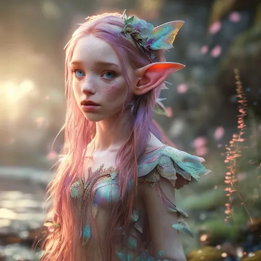 Prompt: UHD, environment, bloom, leavvess, By a river, Highly detailed, HD colour, Young girl, iridescent hair, elf ears, freckles,