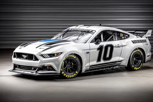 Prompt: Next Gen Nascar stock Ford Mustang car, sponsored by OpenArt, white and dark grey color scheme