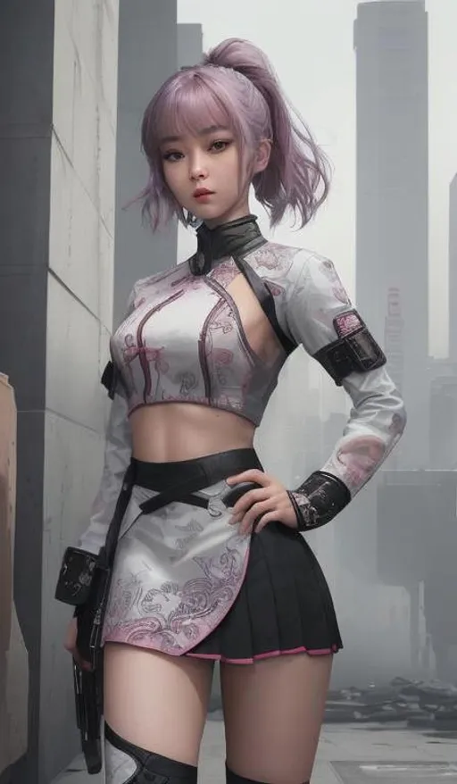 Prompt: Professional Photo Realistic Image of a hyper stylized feminine Korean martial artist, wearing a tight feminine army uniform with skirt, beautiful perfect young elegant woman, perfect super cute face, absolute exact body proportions, intricate hyper detailed random color hair, intricate hyper detailed stylized makeup, intricate hyper detailed full body visible, lean feminine body, in a dystopian city,

HDR, UHD, high res, 64k, cinematic lighting, special effects, hd octane render, professional artist, studio lighting,

by Artstation illustrators, by DevianArt illustrators, intricate details, face,  full body portrait, headshot, illustration, Flawless 3D Rendered